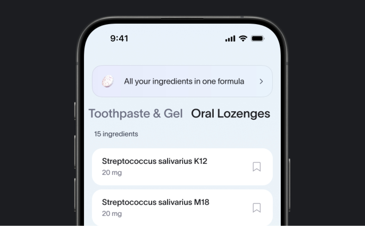 A smartphone screen showing Oral Health Ingredients for an example customer in the Viome app