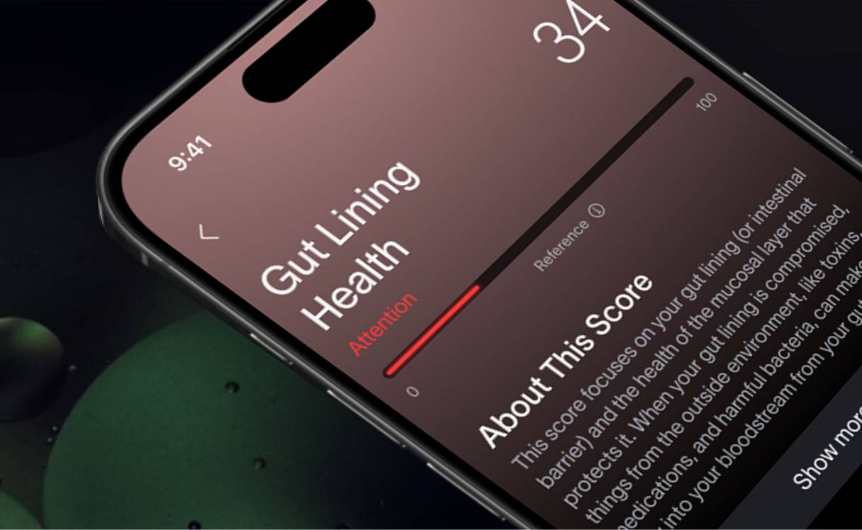 A black smartphone showing a Viome Gut Health Score of 68, with a description of what that score means below