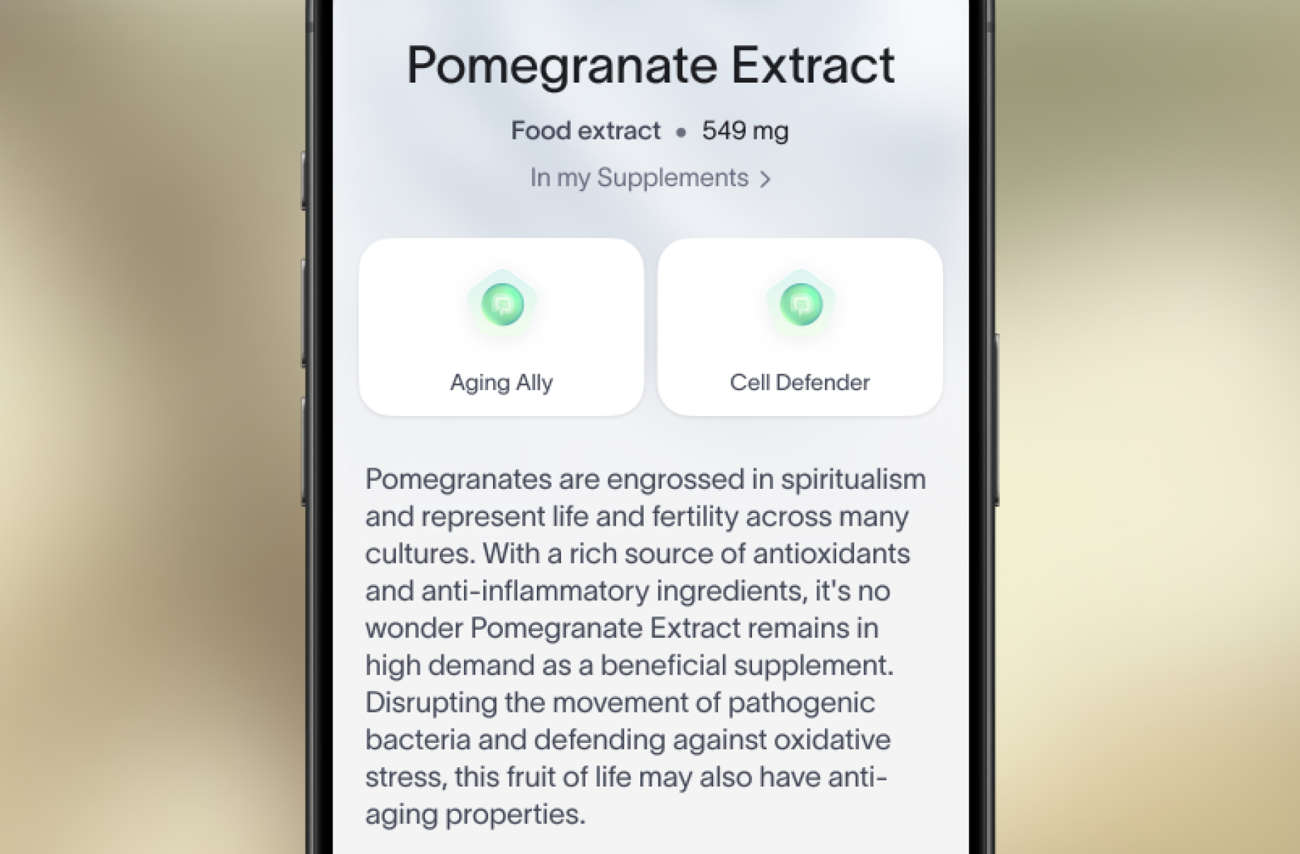 A smartphone screen of the Viome app showing a customer’s supplement recommendations with specific data points
