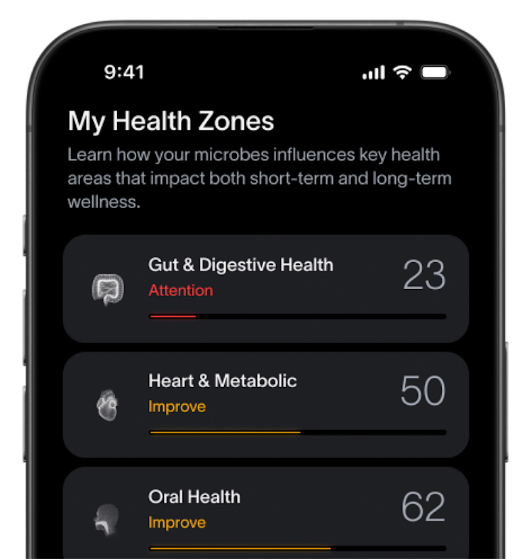 A picture of smartphone screen of the Viome app showing Health Scores that determine food and supplement recommendations.