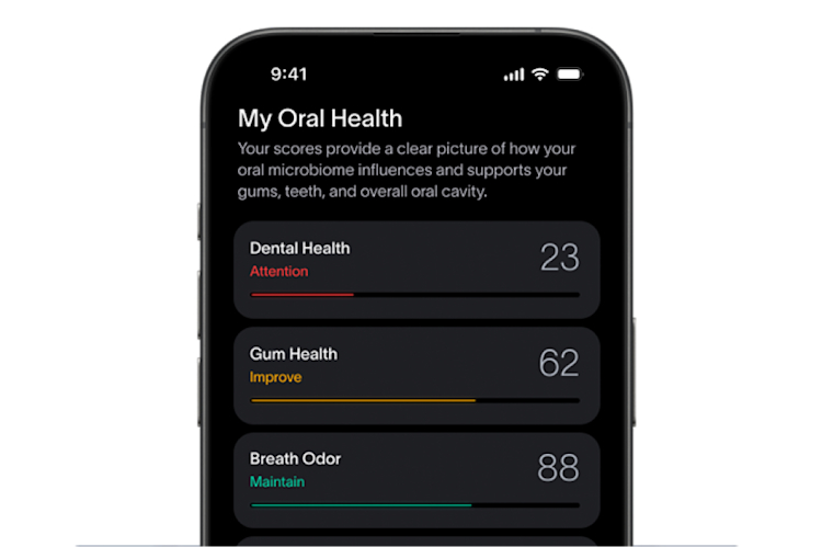 A smartphone screen from the Viome app, showing an example customer’s Oral Health Scores for Oral, Dental, and Gum Health