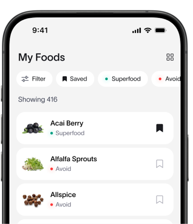 A smartphone screen showing Viome-recommended foods and supplements for a vegetarian diet